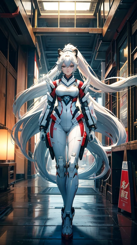best quality,masterpiece,Ultra-high resolution,(photoactual:1.4),Science Fiction,Inside the aircraft carrier,Heroic and unrestrained,(Oriental style)White Tiger Girl,20 years old,Long white hair and flowing ponytail,Wearing a white tiger mecha,