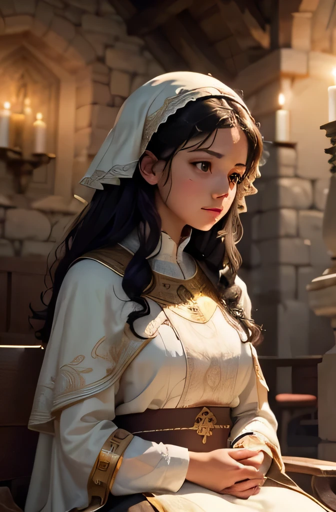 Create an image of a young woman in a simple, cozy chapel lit by candles, with stone walls and an altar with white flowers. The woman must have brown skin, curly and voluminous black hair, and be sitting on a wooden bench, dressed in a simple white tunic. The atmosphere must convey faith and protection. Use 8k resolution, with historical rendering style. Lighting should be soft, with ultra-fine details. The image should tell the story of Manuela in a chapel, symbolizing her faith and protection.