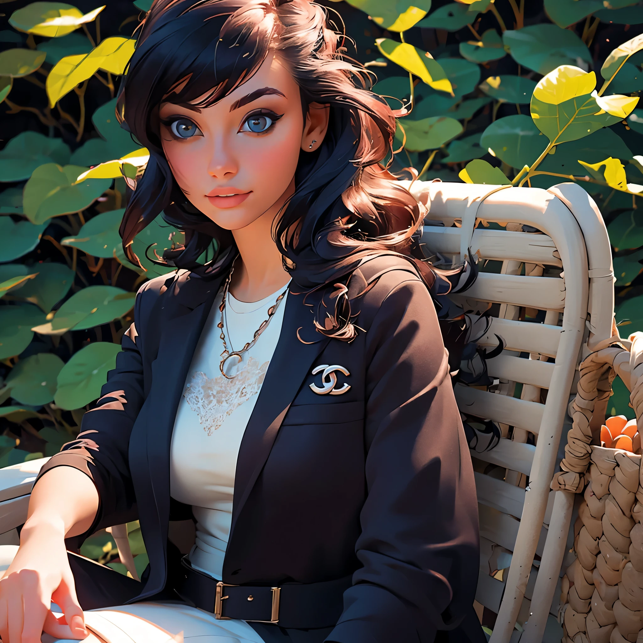 (best quality,4k,8k,highres,masterpiece:1.2),ultra-detailed,(realistic,photorealistic,photo-realistic:1.37),young woman wearing autumn fashion by Chanel,beautiful detailed eyes,beautiful detailed lips,extremely detailed eyes and face,longeyelashes,autumn scenery with falling leaves,crisp and vibrant colors,soft natural lighting,Chanel logo on the clothing,elegant posture,graceful and confident expression,wind blowing through her hair,fashionable accessories and handbag,falling leaves creating a dreamy atmosphere,fine texture and intricate details on the clothing,rich and warm color palette,high-fashion runway vibes,subtle hints of nostalgic elements,scenic garden setting with a bench,elements of nature blending harmoniously with the fashion,subtle lens flare effect,artistic composition with focus on the woman and her outfit,Chanel branding subtly incorporated into the composition,impeccable attention to detail present in every aspect of the image.