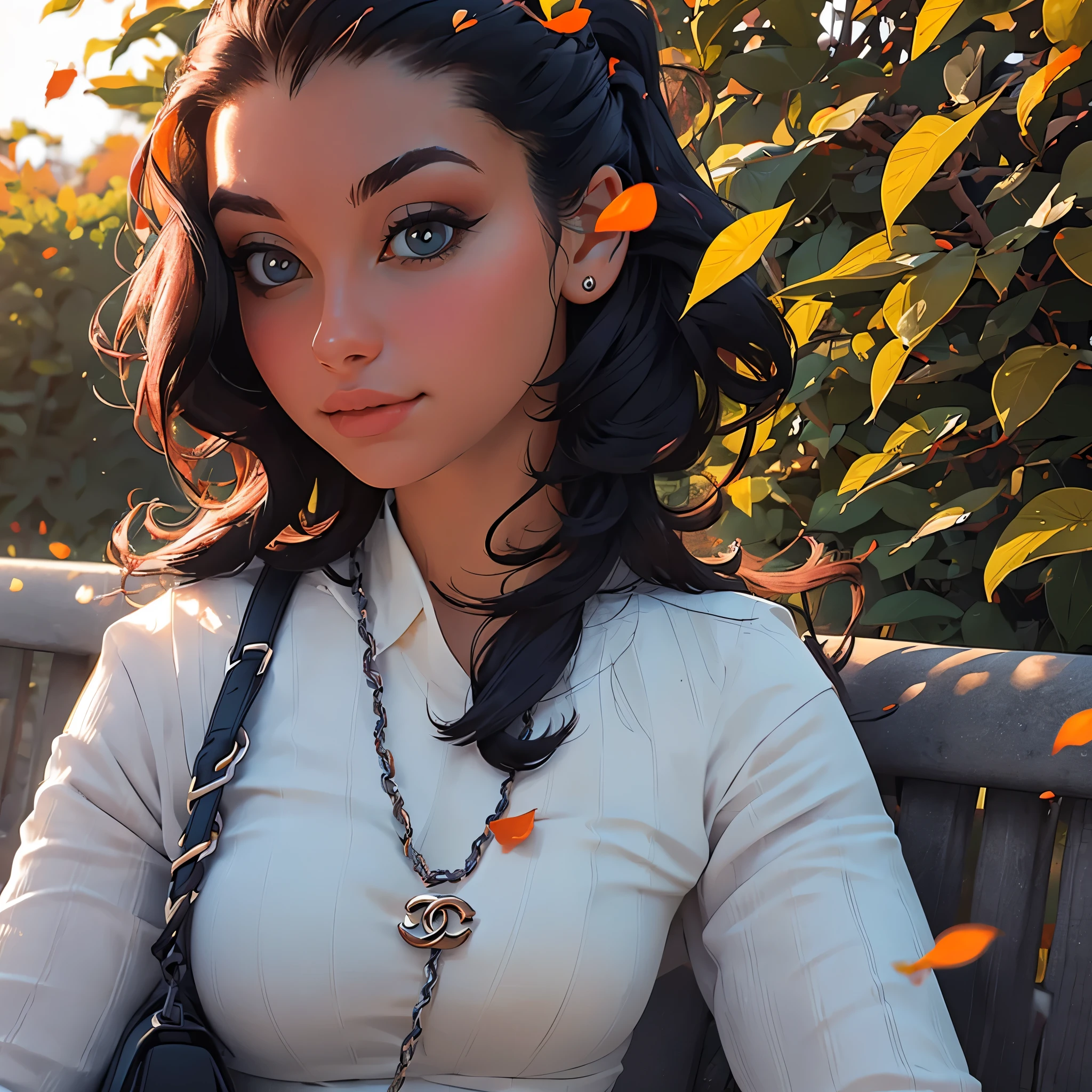 (best quality,4k,8k,highres,masterpiece:1.2),ultra-detailed,(realistic,photorealistic,photo-realistic:1.37),young woman wearing autumn fashion by Chanel,beautiful detailed eyes,beautiful detailed lips,extremely detailed eyes and face,longeyelashes,autumn scenery with falling leaves,crisp and vibrant colors,soft natural lighting,Chanel logo on the clothing,elegant posture,graceful and confident expression,wind blowing through her hair,fashionable accessories and handbag,falling leaves creating a dreamy atmosphere,fine texture and intricate details on the clothing,rich and warm color palette,high-fashion runway vibes,subtle hints of nostalgic elements,scenic garden setting with a bench,elements of nature blending harmoniously with the fashion,subtle lens flare effect,artistic composition with focus on the woman and her outfit,Chanel branding subtly incorporated into the composition,impeccable attention to detail present in every aspect of the image.