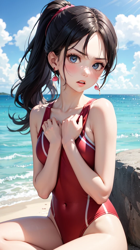 Masterpiece, best quality, earrings, red swimsuit, black hair, small breasts, girl, alone, upper body, hot, sweaty, sitting, ponytail, looking at camera, hands on own chest, ocean, cruiser, sitting, angry