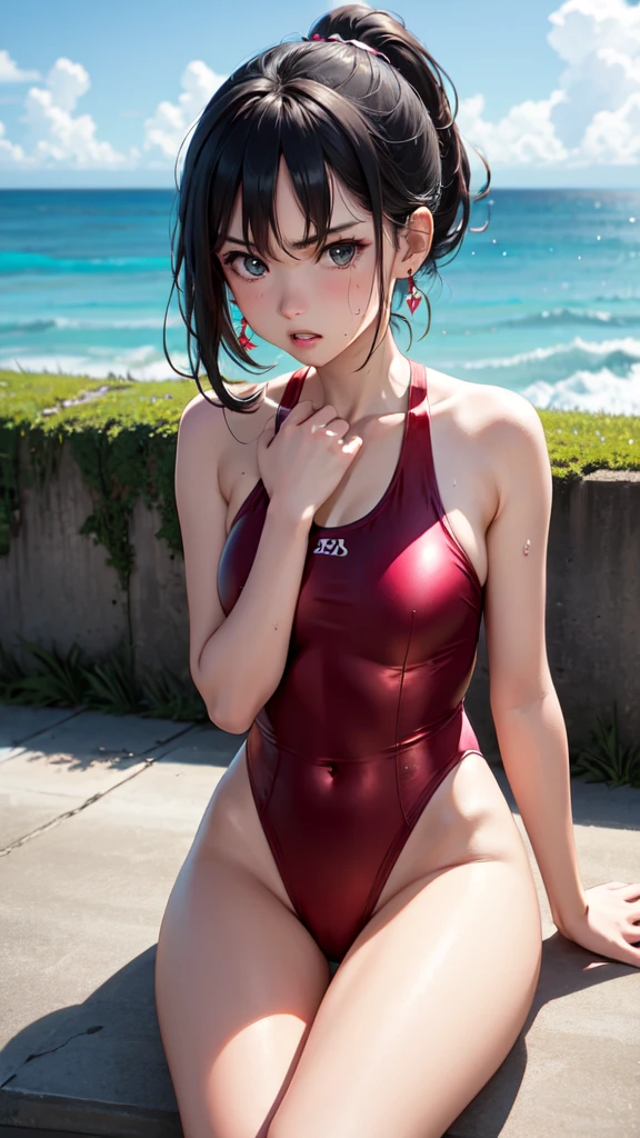 Masterpiece, best quality, earrings, red swimsuit, black hair, small breasts, girl, alone, upper body, hot, sweaty, sitting, ponytail, looking at camera, hands on own chest, ocean, cruiser, sitting, angry
