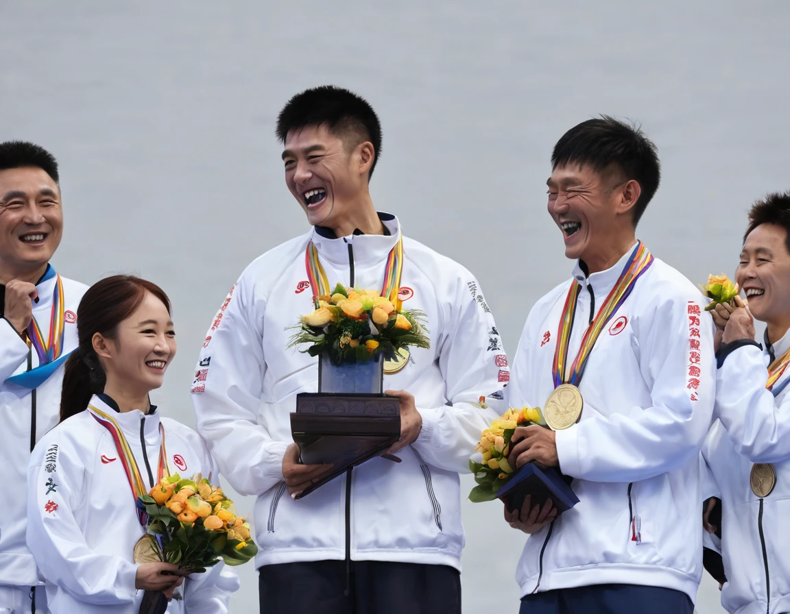 ((Highest quality, 8k, masterpiece: 1.3)),  Outdoor、Arena、Podium、(The moment of receiving the award)、（Three men、One Woman)、Podium、（1位のPodiumの男性、Black martial arts、He raised his hands to his chest and shouted with his gold medal in hand.）、（2位のPodiumの男性、Qingwudao、Holding a silver medal on his chest and a knife in his hand, he laughs）、（3位のPodiumの男性、by Huang Wudao、Crying while clutching the bronze medal）、（Female athlete、White suit, handing over a bouquet、）、