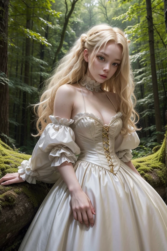 a female albino dragon furry with curly blonde hair, attractive, slender, beautiful, dark brown eyes, wearing a white Victorian dress with a neckline with yellow cords, enchanted forest setting with a castle