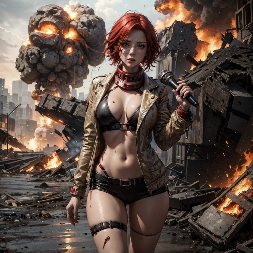 female reporter with red hair holding a mic, A doomsday scene, chaotic, destruction, explosion, burning, meteorites rained down on the earth, post-apocalyptic, (Chaotic: 1.4)