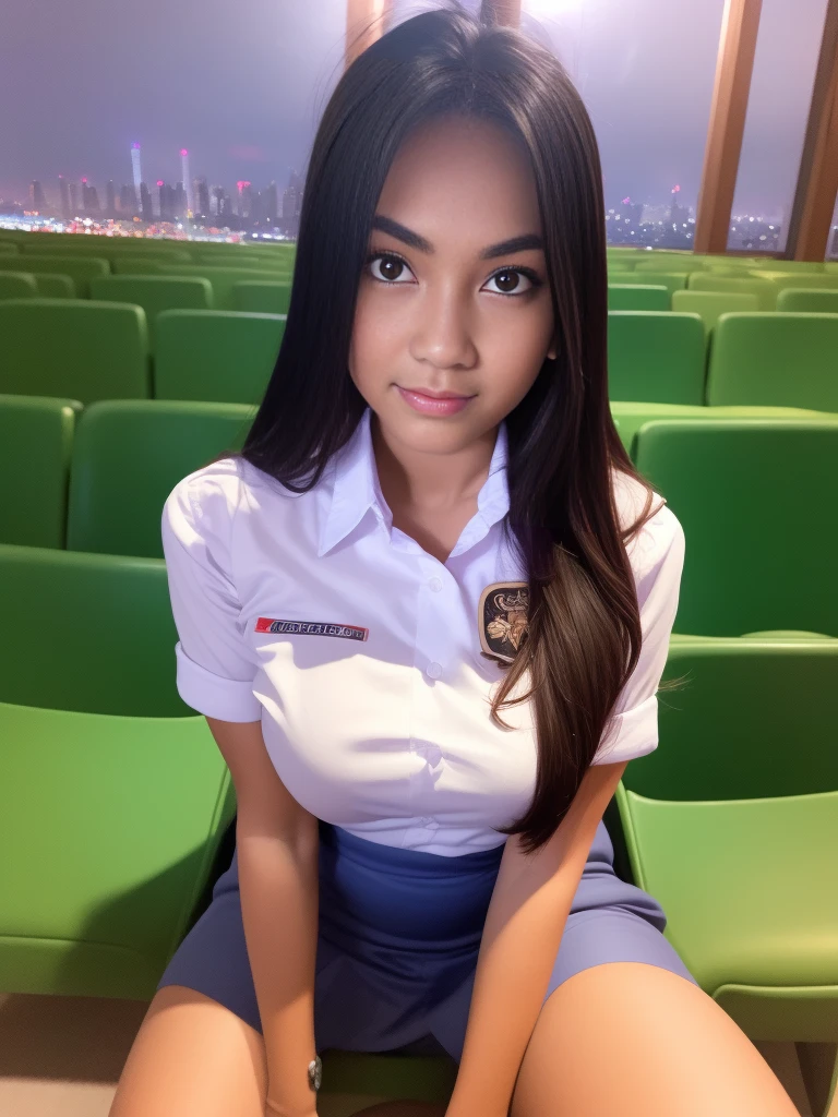 1girl, (uniform), sits with her legs pressed to her chest, detailed night view of Metropolitan city at the background, detailed face, detailed eyes, brunette, big breasts, smooth realistic skin, semi-curvy body, white shirt, grey blue hot miniskirt , looking at the audience, camera from above, far shot, overhead view, (8k, RAW photo, best quality, masterpiece: 1.2), (realistic, realistic: 1.37), ultra-high resolution