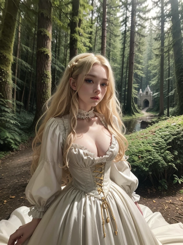 a female albino dragon furry with curly blonde hair, attractive, slender, beautiful, dark brown eyes, wearing a white Victorian dress with a neckline with yellow cords, enchanted forest setting with a castle