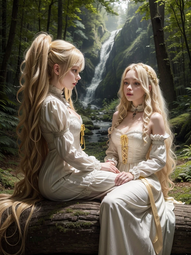 a female albino dragon furry with curly blonde hair, attractive, slender, beautiful, dark brown eyes, wearing a white Victorian dress with a neckline with yellow cords, enchanted forest setting with a castle