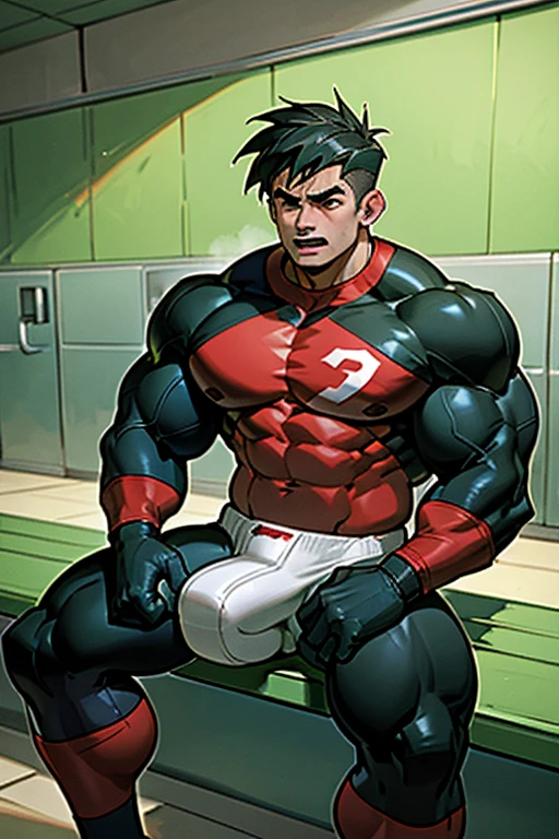Danny Fenton in a locker room sitting on a wooden bench and listening to hypnotic MP.3 player playing subliminals through earbuds in his ears. Turning into stereotypical football jock just like Dash Baxter. Black hair with blonde highlights. hyper muscles. Big biceps. Big triceps. Big traps. big lats. big deltoids. Big meaty pecs. Swollen crotch bulge. Tenting crotch. Open mouth. Sneer. Cocky smirk. IQ drain. Dumber and dumber. big dumb jock. Jock assimilation. Hypnosis. Hypnotic trance. Brainwashing. Brainwashed. Hypnotized. Entranced. Jock assimilation. Jock conversion. Meathead. Musclehead. Brute. Bro. "I hear ... I obey.... I am where I belong.... I am in a locker room.... Jocks belong in a locker room... Yes, ... I ... am a jock.... Just a dumb ... muscular jock.... Bigger and bigger.... Dumber and dumber.... Jocks don't think.... Jocks follow the play.... Jocks obey.... I obey... I am a jock.... I obey... I am a jock.... I do not think.... I obey.... Just ... a dumb ... football jock ... like Dash.... Must ... give ... wedgies! Nerds ... deserve to be bullied.... Must ... bully ... nerds.... Dash is ... my best bro.... I ... am a good jock. Be like Dash.... Be a good football jock.... Bully ... dumber ... bully.... I obey.... Fuck, where's that Foaley kid? He's got an appointment with a swirly that I don't want him to miss." Sneering. Smirking. Cocky. Football uniform. Cleats. Shoulder pads. Jockstrap. Coach smiles approvingly and lays a hand on Danny's shoulder pad.