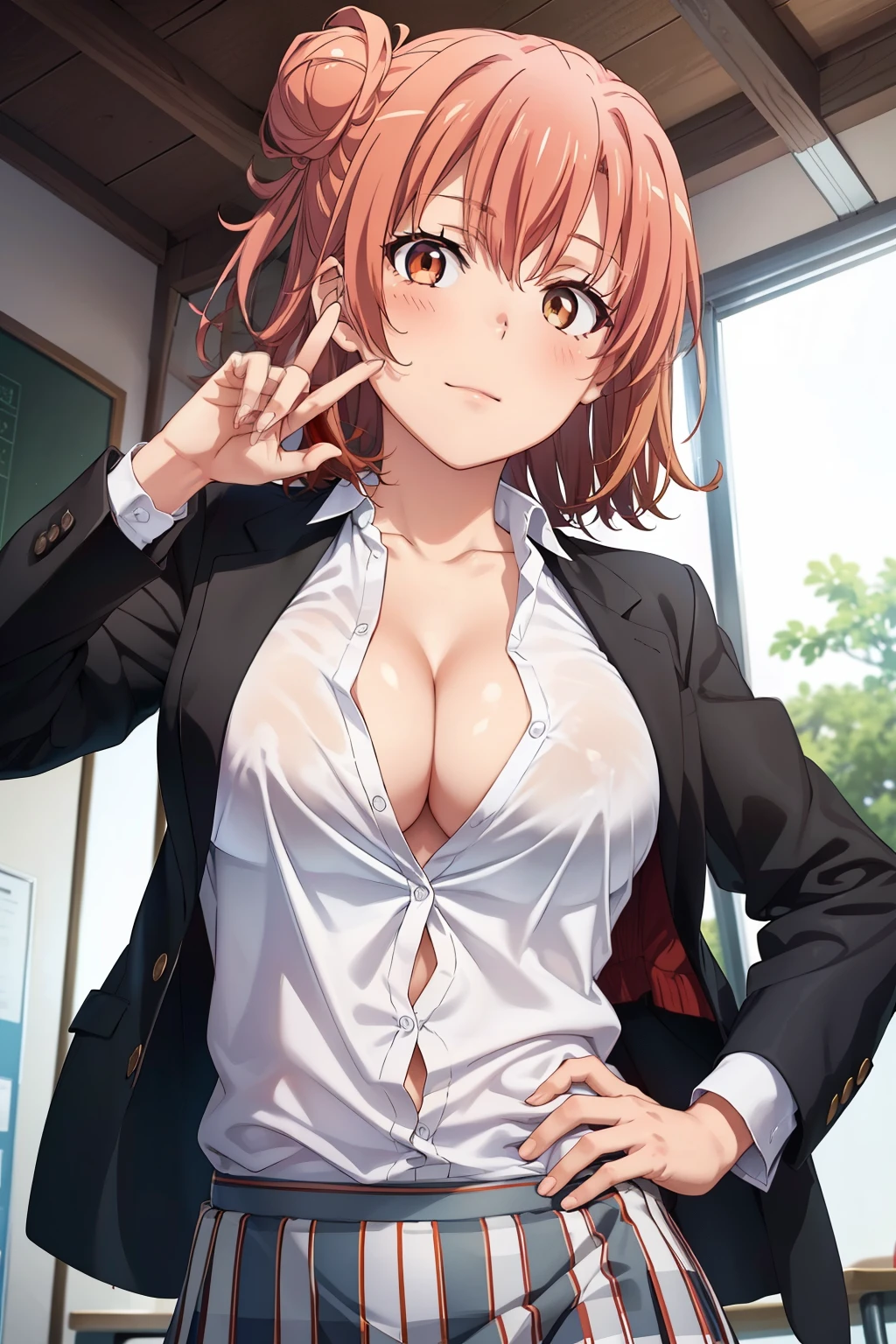 ((Highest quality, High resolution,  Pixel perfect,  4K)), (Beautiful Anime Girls), (Perfect Anatomy:1.5), (Perfect hands:1.5), (Perfect Fingers:1.5), Written boundary depth, Watch the audience, Perfect body, yuigahama yui, Brown eyes, Detailed eyes, Single hair bun, (Big Breasts:1.2), Focus on the chest, Red ribbon, White shirt, Black jacket, Check skirt, School classroom, Provocative face, blush, (Open the shirt:1.5), (Cleavage), (View from below)