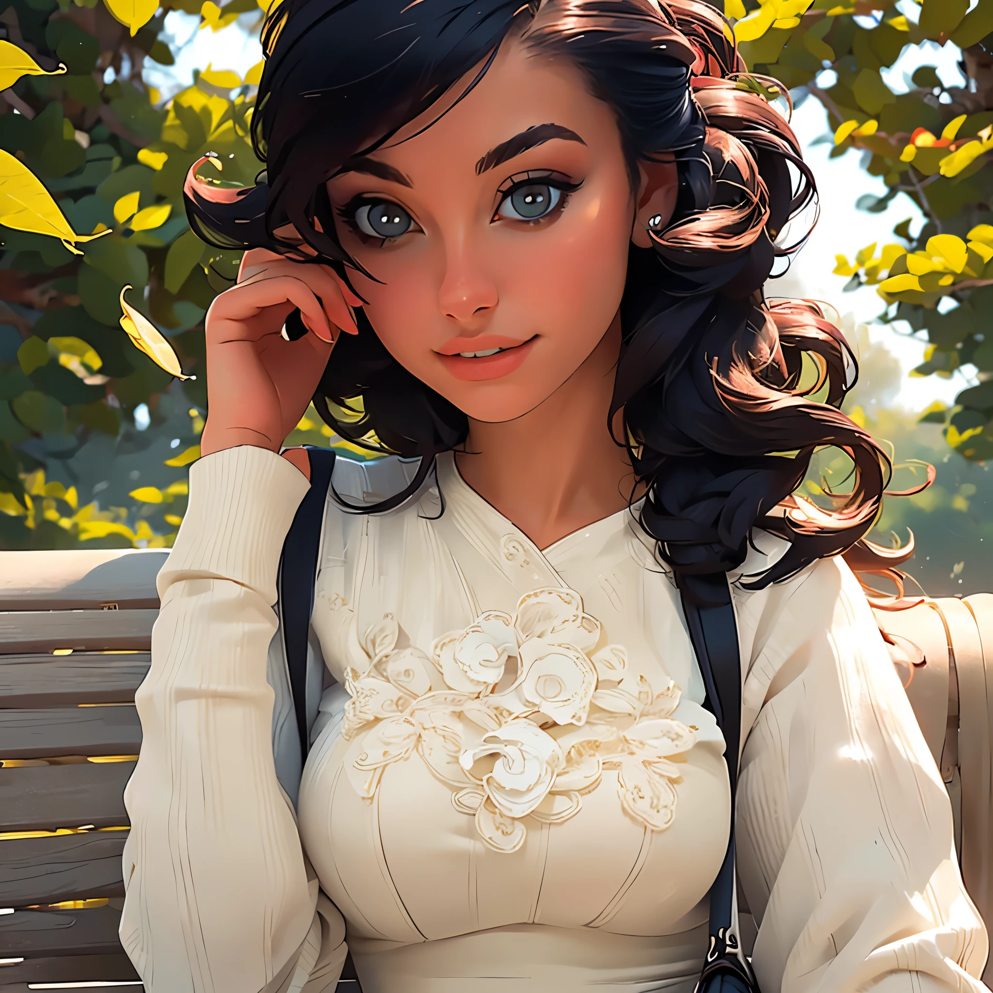 (best quality,4k,8k,highres,masterpiece:1.2),ultra-detailed,(realistic,photorealistic,photo-realistic:1.37),young woman wearing autumn fashion by Chanel,beautiful detailed eyes,beautiful detailed lips,extremely detailed eyes and face,longeyelashes,autumn scenery with falling leaves,crisp and vibrant colors,soft natural lighting,Chanel logo on the clothing,elegant posture,graceful and confident expression,wind blowing through her hair,fashionable accessories and handbag,falling leaves creating a dreamy atmosphere,fine texture and intricate details on the clothing,rich and warm color palette,high-fashion runway vibes,subtle hints of nostalgic elements,scenic garden setting with a bench,elements of nature blending harmoniously with the fashion,subtle lens flare effect,artistic composition with focus on the woman and her outfit,Chanel branding subtly incorporated into the composition,impeccable attention to detail present in every aspect of the image.