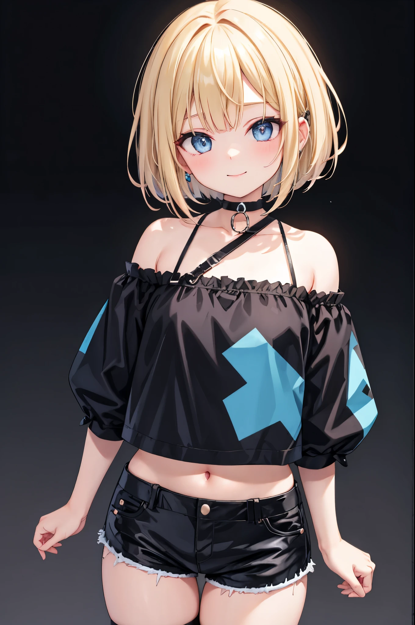 high resolution,smile,woman,woman1人,adult,cute,Medium bob hair,Blonde Hair,Black inner color,Light blue eyes, Black off-the-shoulder blouse,Black shorts,Piercing,Black choker, Background blue,