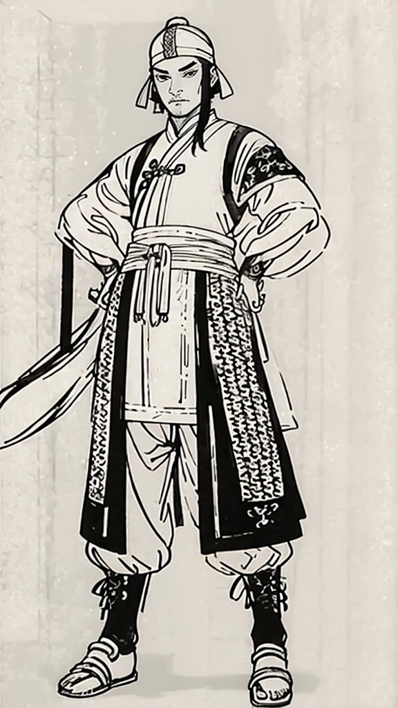 (((Monochrome)))、(((Ink Painting)))、((ancient China、Handsome young man with hair in a bun and wearing a white swimming cap)),(((Hands on hips))),Line art、Oriental、Ultra-high resolution、Game Poster、Crisp and beautiful image quality、whole body ,(ancient China鎧, Dragon head on shoulder, (ancient China鎧 with intricate pattern:1.2), gloves, Long trousers, (Very detailed, bloom:1.5), (Highest quality, Concept Art, 4K), (analog:1.2), (high sharpness), (Detailed pupil:1.1), Detailed face and eyes, masterpiece, Highest quality,8k, (Black Hair, Dynamic Short Hair), (PurerosFace_v1:0.2), [:(Detailed face:1.2):0.2], sharp, Realistic Shadows,  