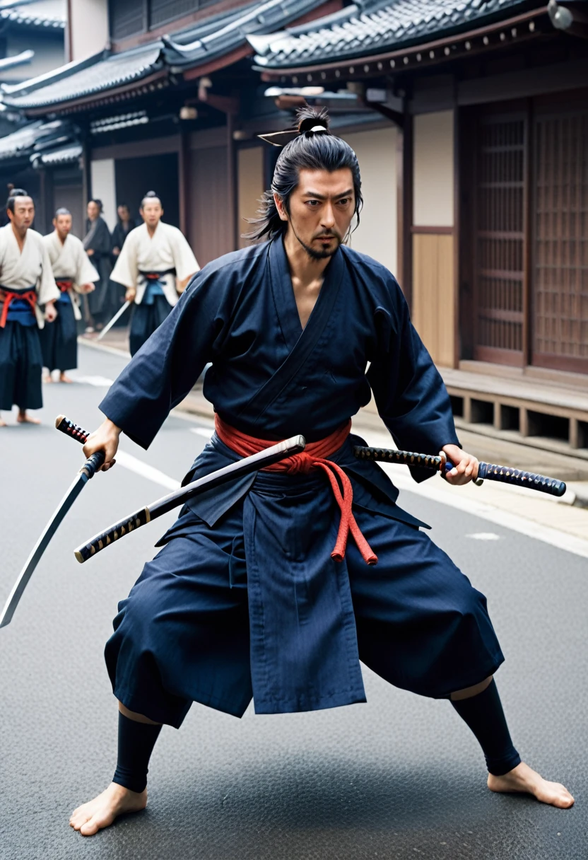 Miyamoto Musashi fighting in the street。Around him are fallen enemies and fugitives.々
