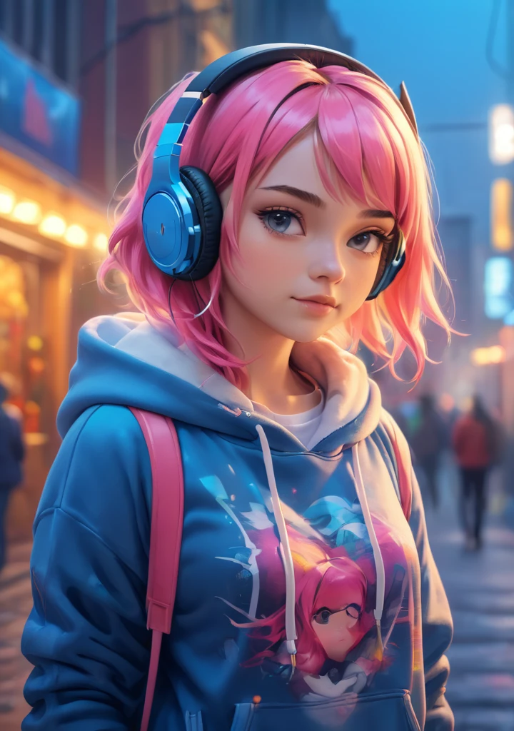 Cute girl in urban clothes, Sweatshirt and headphones, The background is modern and inorganic, Adorable digital painting, 3D Rendering, Bright lighting, Vibrant colors, It's raining outside
