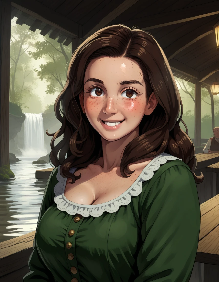 (GeGe:1.9), (woman), (brunette), (brown eyes), (freckles:1.9), score_9, score_8_up, score_7_up, A beautiful woman dressed like a tavern wench, beautiful refined face detail, bright light eyes, flirty smile, cute glint in her eye, wonderful and innocent energy, adventurous spirit, Lucious hair, atmospheric fog, an old tavern in the forest by a river, by Frank Frazetta, by Luis Royo, by boris vallejo,
