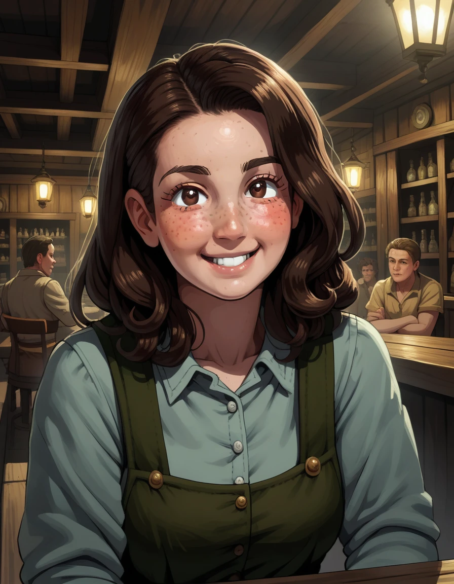 (GeGe:1.9), (woman), (brunette), (brown eyes), (freckles:1.9), score_9, score_8_up, score_7_up, A beautiful woman dressed like a tavern wench, beautiful refined face detail, bright light eyes, flirty smile, cute glint in her eye, wonderful and innocent energy, adventurous spirit, Lucious hair, atmospheric fog, an old tavern in the forest by a river, by Frank Frazetta, by Luis Royo, by boris vallejo,
