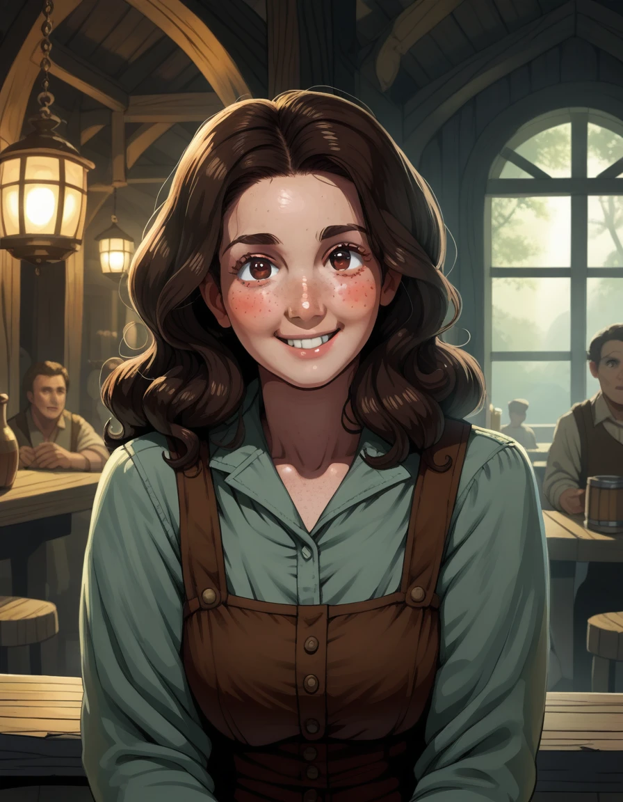 (GeGe:1.9), (woman), (brunette), (brown eyes), (freckles:1.9), score_9, score_8_up, score_7_up, A beautiful woman dressed like a tavern wench, beautiful refined face detail, bright light eyes, flirty smile, cute glint in her eye, wonderful and innocent energy, adventurous spirit, Lucious hair, atmospheric fog, an old tavern in the forest by a river, by Frank Frazetta, by Luis Royo, by boris vallejo,
