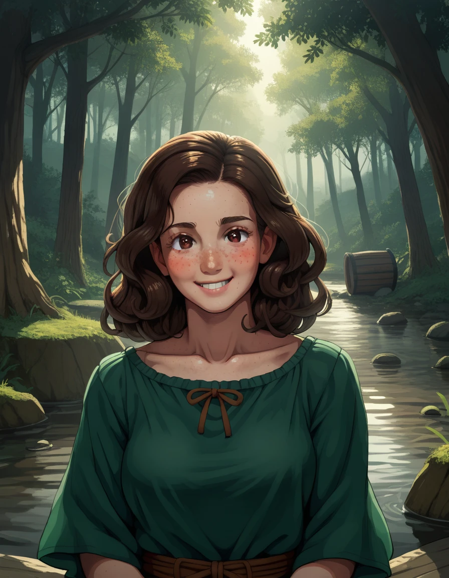 (GeGe:1.9), (woman), (brunette), (brown eyes), (freckles:1.9), score_9, score_8_up, score_7_up, A beautiful woman dressed like a tavern wench, beautiful refined face detail, bright light eyes, flirty smile, cute glint in her eye, wonderful and innocent energy, adventurous spirit, Lucious hair, atmospheric fog, an old tavern in the forest by a river, by Frank Frazetta, by Luis Royo, by boris vallejo,
