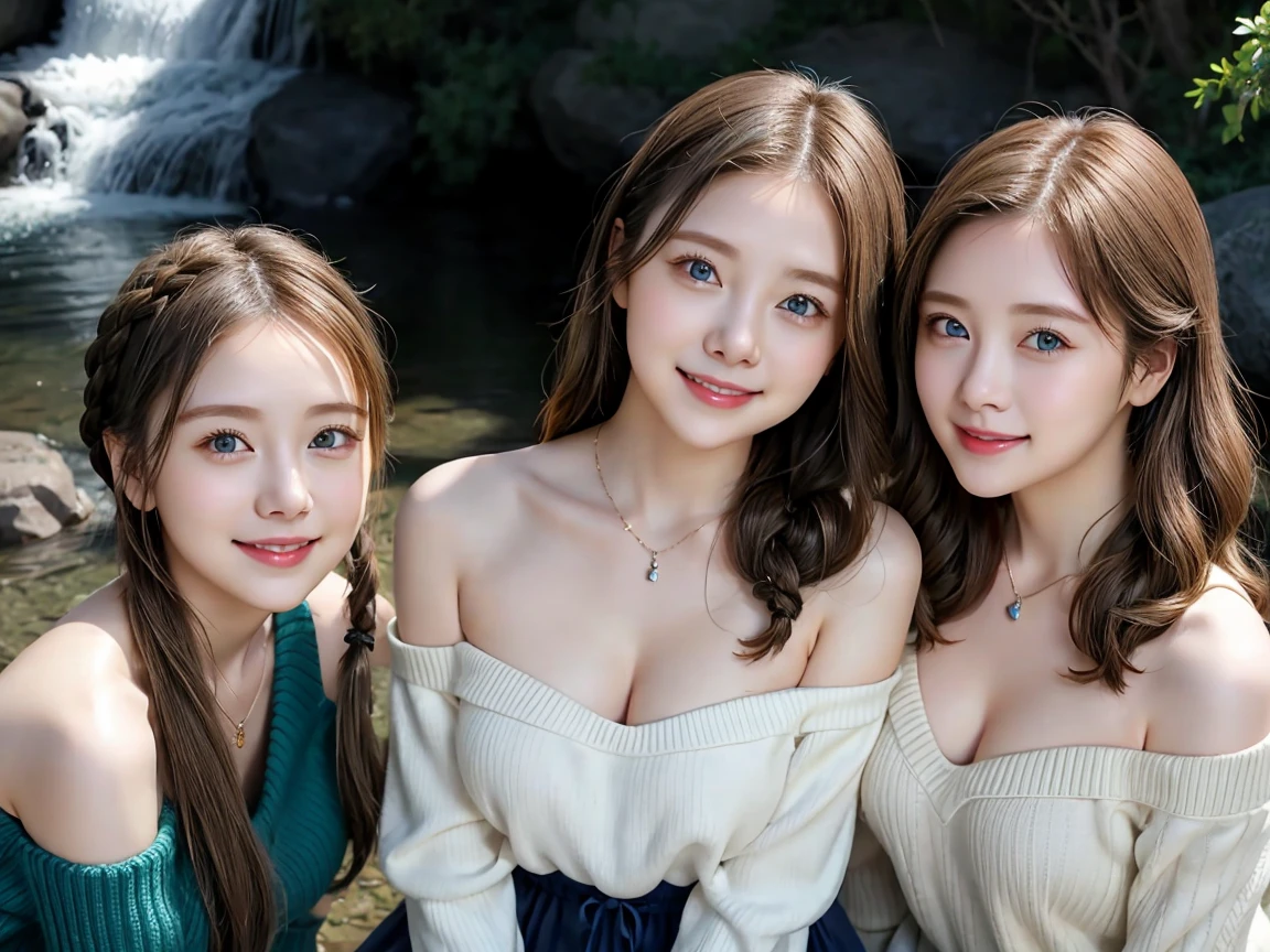 ( 3 girls),smile、Look into the camera、necklace、Braided hair, off-shoulder sweater、The material is smooth and flexible.、exposed upper arms、 Extra long twin tail hair、Flower Hair Ornaments、 Masterpiece, Highest quality, 8ก, beautiful girl, young face、 photography, Cute face, thigh,In the waterfall stream,、รอยsmile、small waist, blue eyes(((The chest is erect.)))(((round chest)))(((big breasts:1.0)))