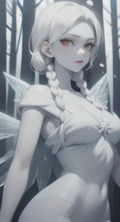 Frozen, misty Forest, ancient being, winter, snow, snow fairy, pale skin, red eyes, eyes in the fog, regal, looking dead, ice wings,
