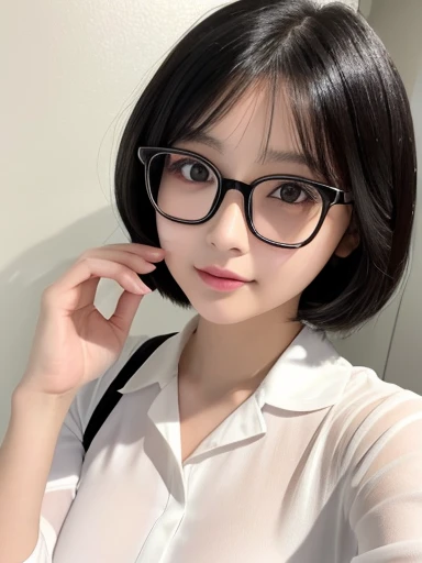 20-year-old women、Japanese、Beauty、The eyes are double、White blouse、White Background、Beautiful breasts、Beautiful Skin,Glossy lips、Black short hair、Black Hair、Black-rimmed glasses、Upper Body