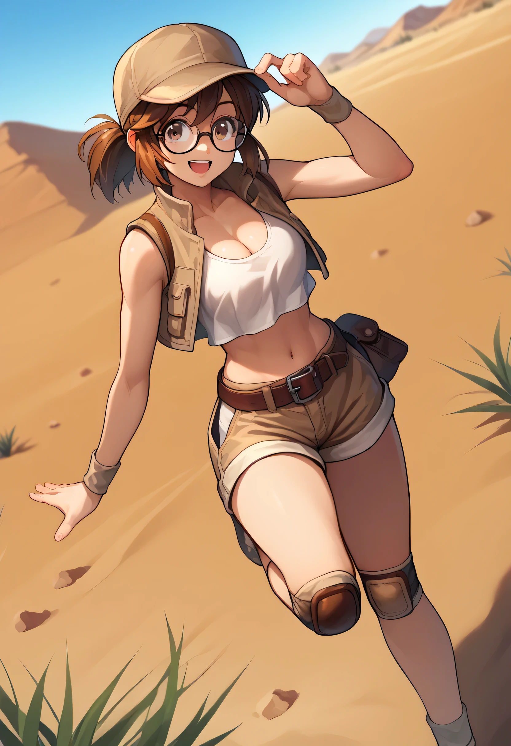 score_9, score_8_up, score_7_up, source_anime, fiogermi,fio germi, brown hair, glasses, medium hair, ponytail, brown eyes, crop top, hat, jacket, knee pads, shorts, sleeveless, navel, belt, outdoors, desert , tank in background , smile, happy, cleavage, looking at viewer, dynamic pose , dutch angle, solo,