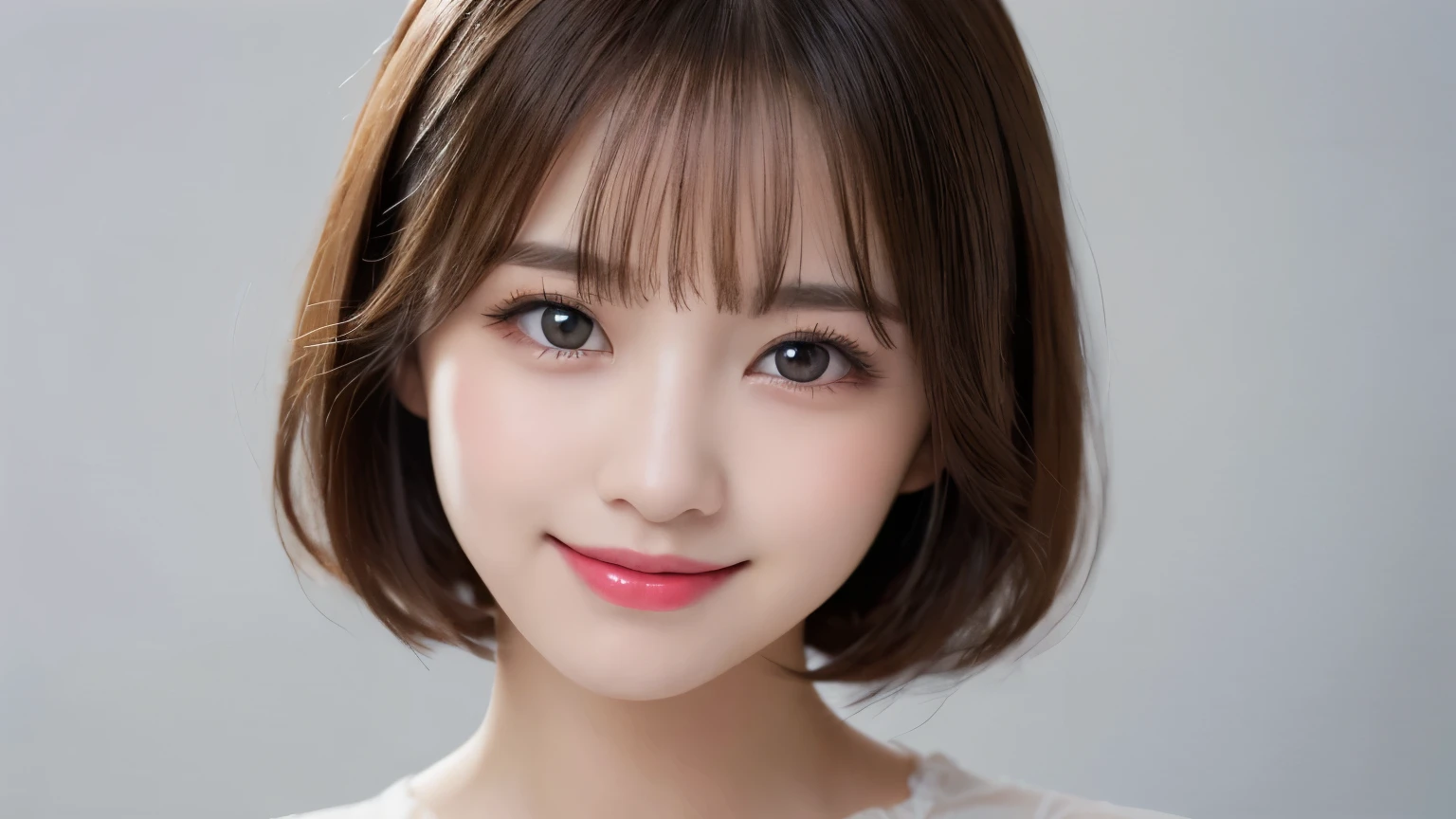 white background, half body portrait, one person only, looks happy, smile, short hair, highest quality, shape, Super detailed, finely, High resolution, 8k wallpaper, Perfect dynamic shape, beautiful and detailed eyes, D cup, natural color lip,smile、20 year old girl, Beautiful and dense face、perfect and beautiful face,Big eyes、real photos(best image quality), blouse (off white)、looking at camera、Please stand、Do gal makeup