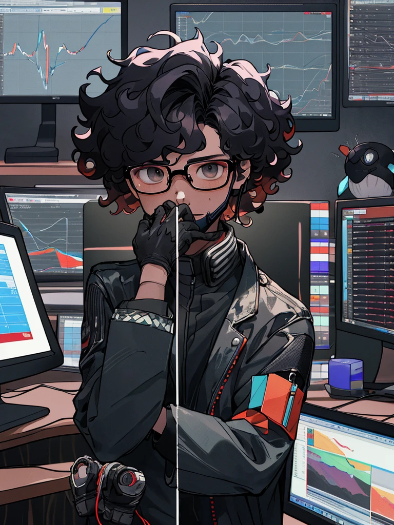 Kpop Boys,He is in his late 30s,In the computer room,Black leather gloves,Face masks,Looking at trade charts,Wearing a cool suit jacket,Wearing a headset,Black messy curly hair、Background shows multiple trading monitors,far and near method, 3D Rendering, He is explaining the trade.,Glasses