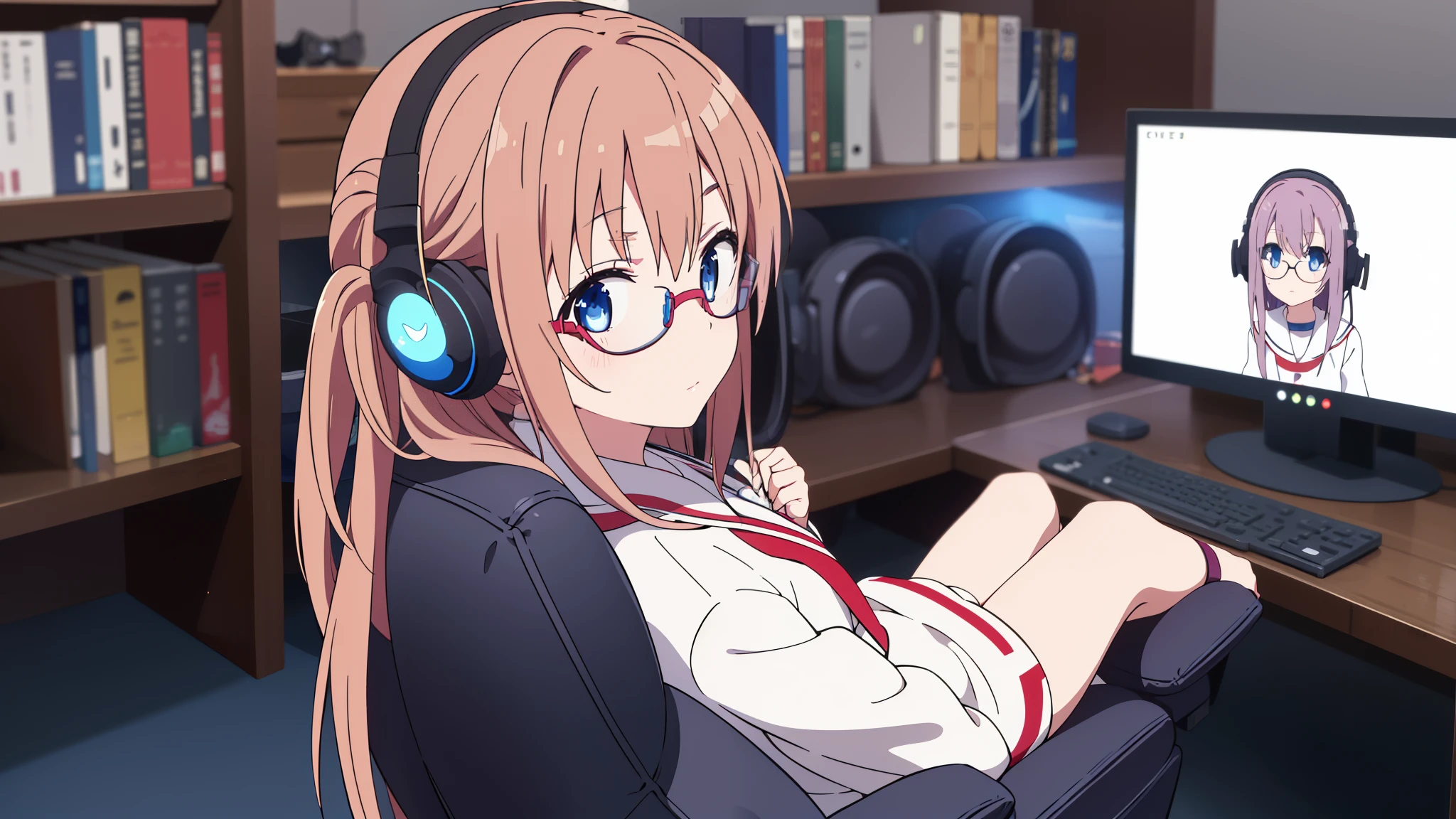 anime girl cute beautiful great quality excellent quality of detail purple hair blue eyes black  with white in nekomimi in game room with rgb lights headphones on with full body glasses sitting in chair 