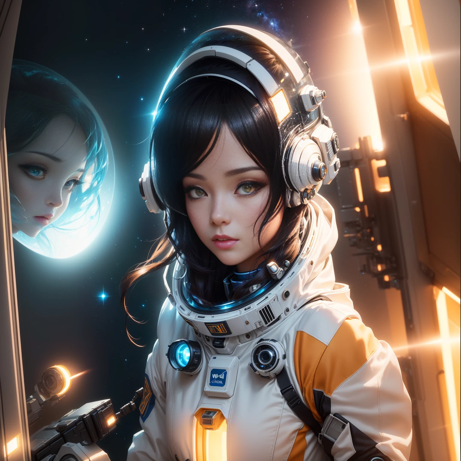 woman in a spacesuit looking out of a window, portrait anime space cadet girl, girl in space, ross tran 8k, portrait armored astronaut girl, beautiful digital art, trends on cgstation, cgsociety 8k, society cg 8k, society cg 8k, Wojtek FUS, futuristic astronaut, Stunning 8k art