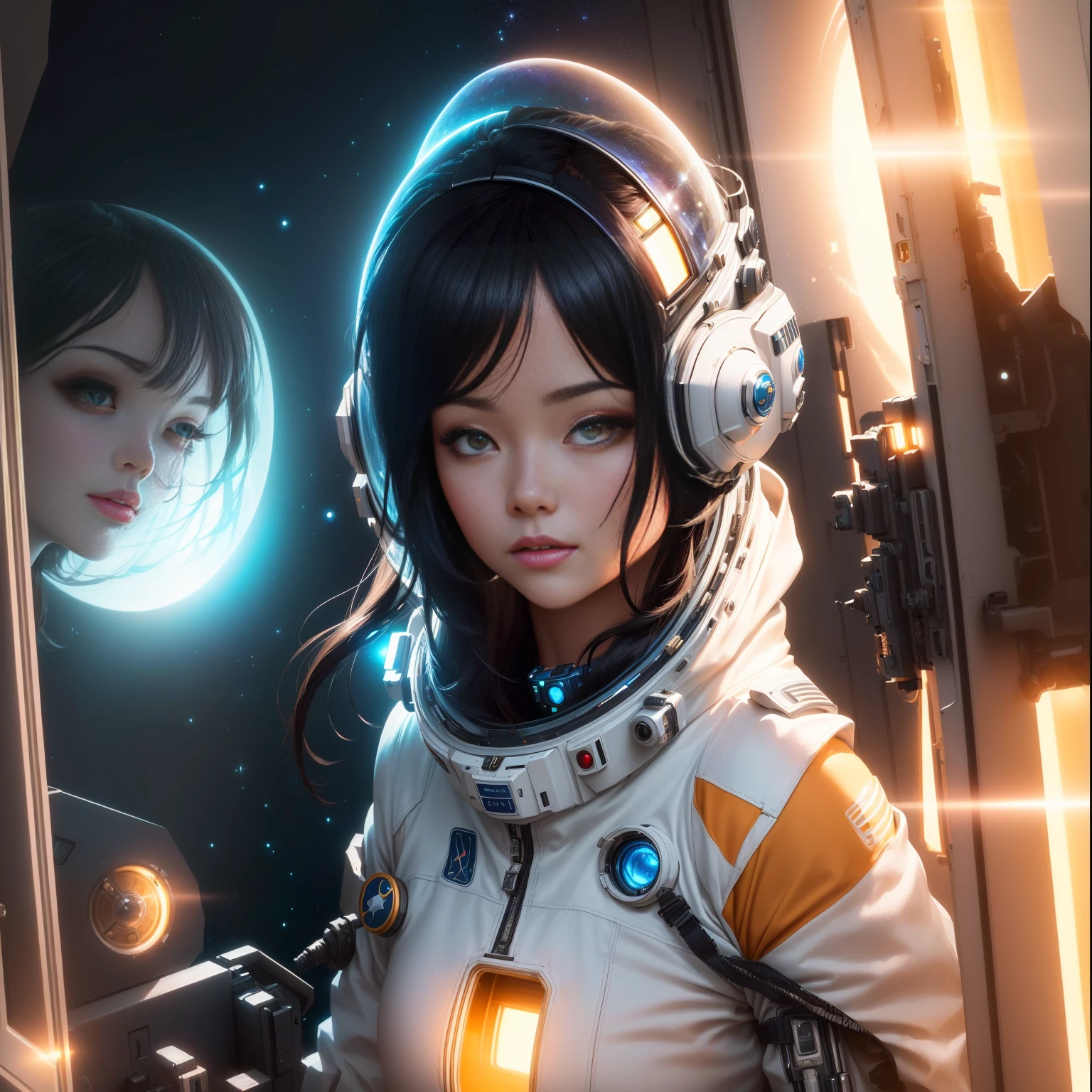 woman in a spacesuit looking out of a window, portrait anime space cadet girl, girl in space, ross tran 8k, portrait armored astronaut girl, beautiful digital art, trends on cgstation, cgsociety 8k, society cg 8k, society cg 8k, Wojtek FUS, futuristic astronaut, Stunning 8k art