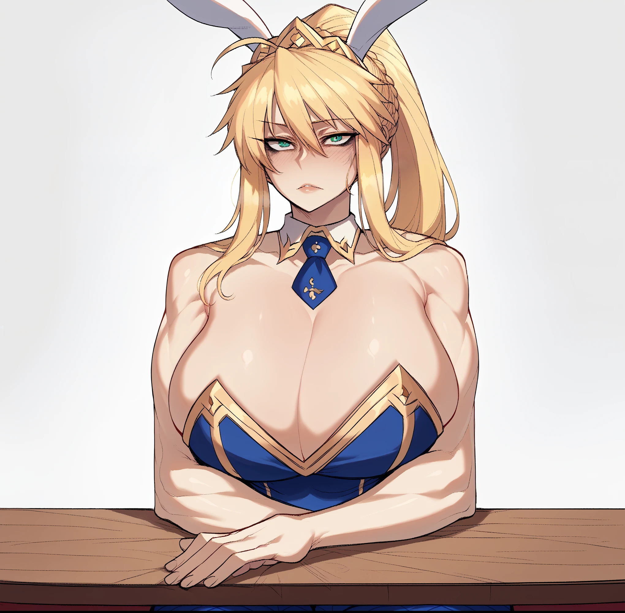 score_9, score_8_up, score_7_up, score_6_up, score_5_up, score_4_up, BREAK 1girl, ((muscular body:1)), intricate, (eyeliner:1.2), looking at viewer, blonde, long ponytail, detailed background,huge (masterpiece, high quality:1), Artoria Pendragon (Fate/Grand Order), Artoria Pendragon (Ruler), bunny suit, white collar with blue tie, sitting on a table, breast le.