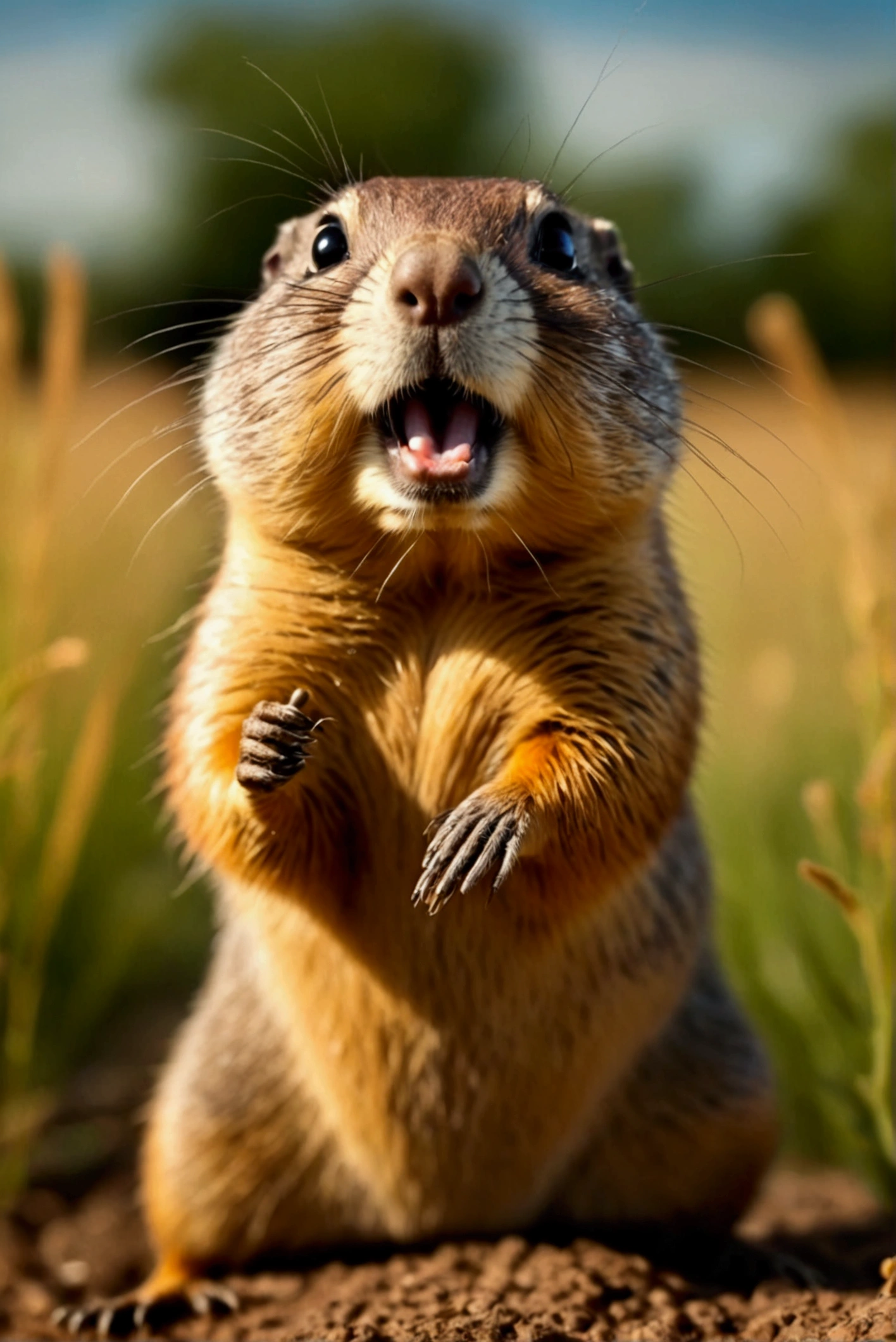 Overly dramatic gopher meme, Gopher striking iconic dramatic pose, prairie