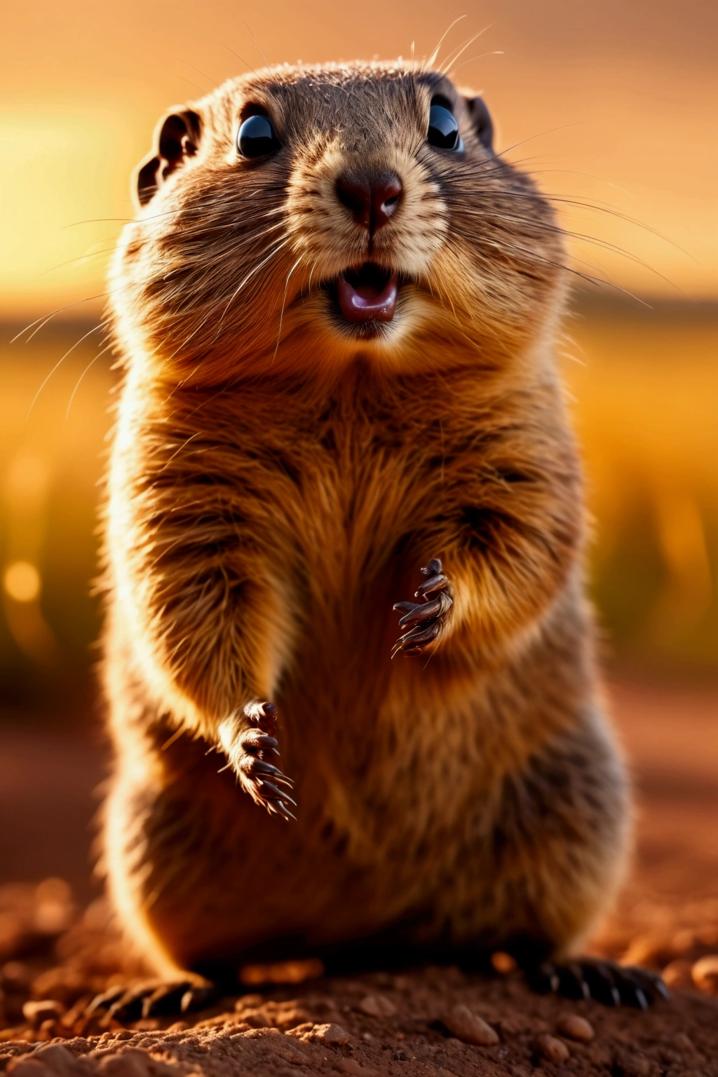 Overly dramatic gopher meme, Gopher striking iconic dramatic pose, prairie
