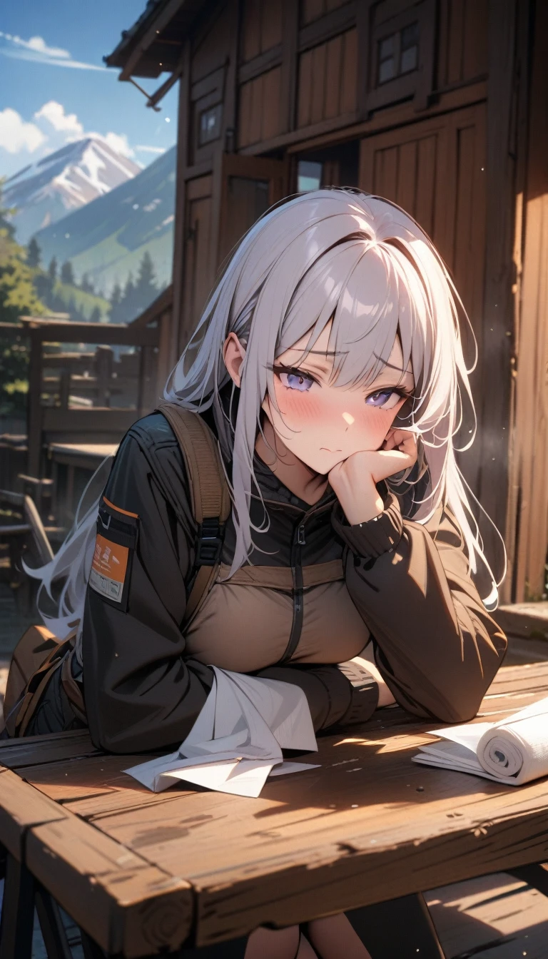 ((best quality)) , ((masterpiece)) , (detailed),1 Girl,paper towel,wiping mouth,Lower your head,Uneasy emotions,很多一团一团的paper towel,Mountain area,Wooden house in the background,Mountaineering clothing