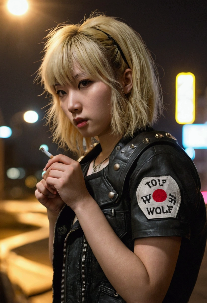 (tight meduim shot), 1girl, solo, medium hair, brown hair, (korean wolf cut) + (blond dyed hair) + (bangs), (punk), combat gear, blonde IncursioDipDyedHair,  wolf_cut, tired look, looking at viewer, cigarette, night city, lights in the night, profile shot,  