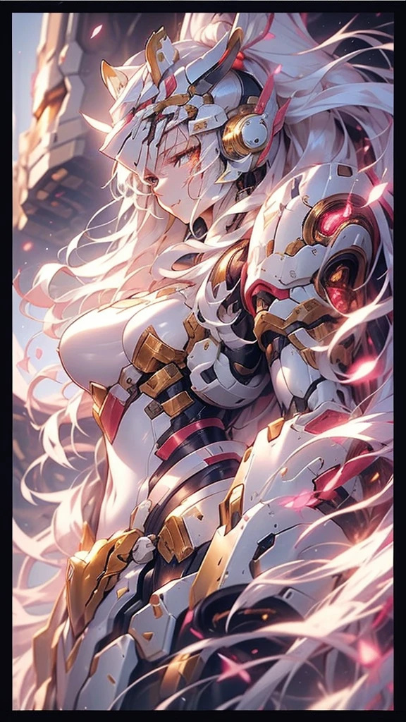 best quality,masterpiece,Ultra-high resolution,(photoactual:1.4),Science Fiction,Inside the aircraft carrier,Heroic and unrestrained,（Oriental style）White Tiger Girl,20 years old,Long white hair and flowing ponytail,Wearing a white tiger mecha,