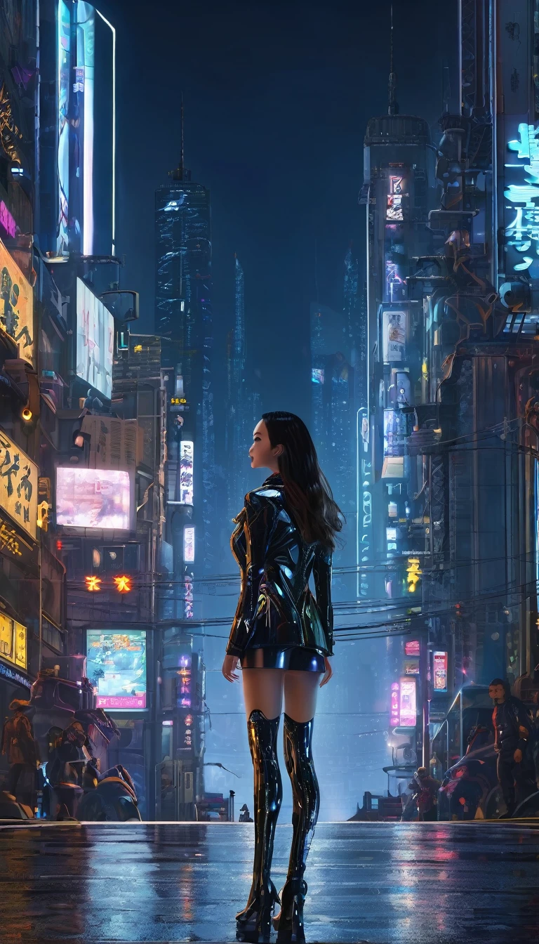 ((masterpiece)),((Highest quality)),((Attention to detail)),((Realistic,))
One Woman、Long Hair、Patent leather suit、Back view、Gazing into the distance、cyberpunk world、Stand in the middle of the street、night、mysterious、Beautiful sight、Panorama、Robot World