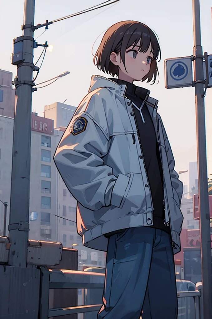 Put your hands in your jacket pockets、Walking、men and women、jeans、the way、Electric pole、We are looking at each other、Two people