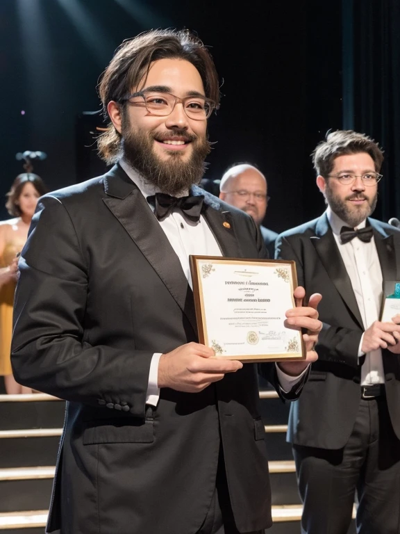Award-Winning Moment, science, Awards ceremony, Certificate, stage, (yossan), beard, Glasses, smile, Audience in the background, Moments of joy, flash, suit, move