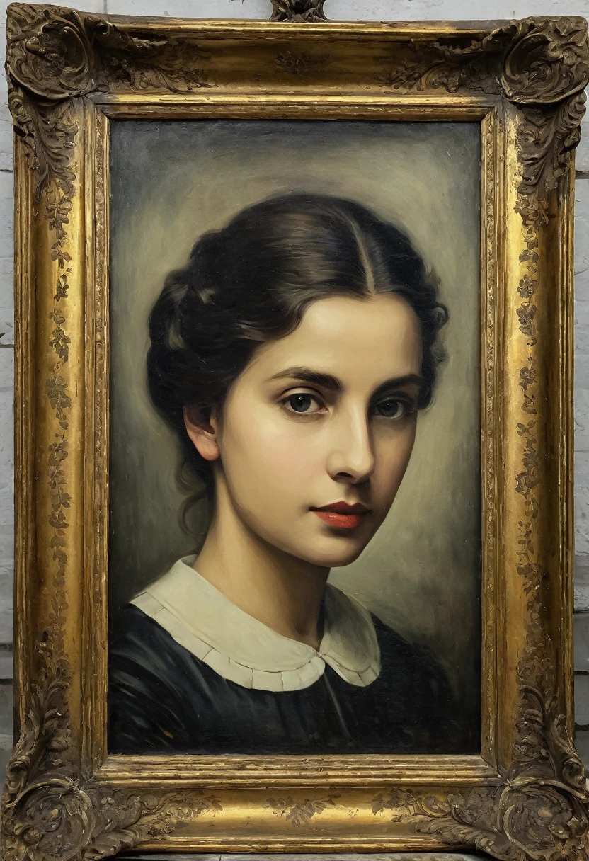 portrait, frame, old picture, 1500 dated, oil painting, antique period, suspense tone, desaturated image, no realistic image
