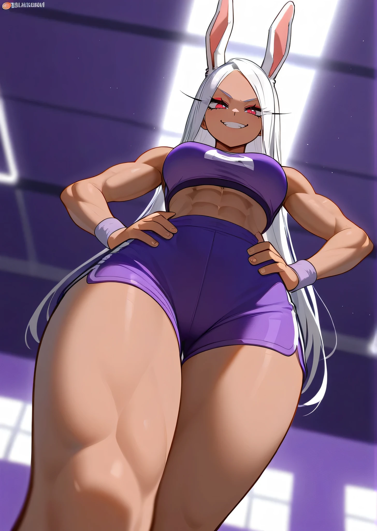 [Miruko], [Boku no hero academia], ((masterpiece)), ((HD)), ((high res)), ((solo portrait)), ((low angle view)), ((detailed shading)), ((intricate details)), {(athletic figure), (brown skin), (cute maroon eyes), long white hair, long eyelashes, (long rabbit ears), (defined muscles), (toned figure), (beautiful legs), (cute soft feet), (smug grin)}, {(black sports bar), (purple yoga shorts), (barefoot)}, {(hands on hips), (looking at viewer)}, [ambient lighting, gym, light rays]