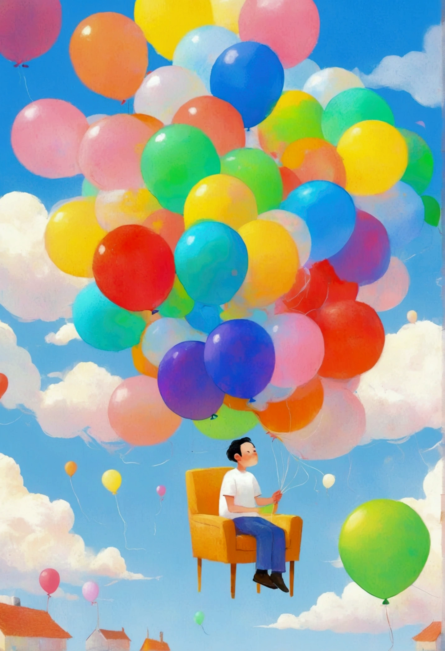 there is a drawing of a man sitting on a chair holding balloons, Li Yinmeng&#39;s Minimalism, Pixel, Concept Art, balloon, author：Rainer Hosch, balloons, man holding a balloon, Minimalist illustration, Floating in the air, Simple illustrations, floating in the air, Floating into the sky, illustration&quot;, balloon, Simple cartoon style