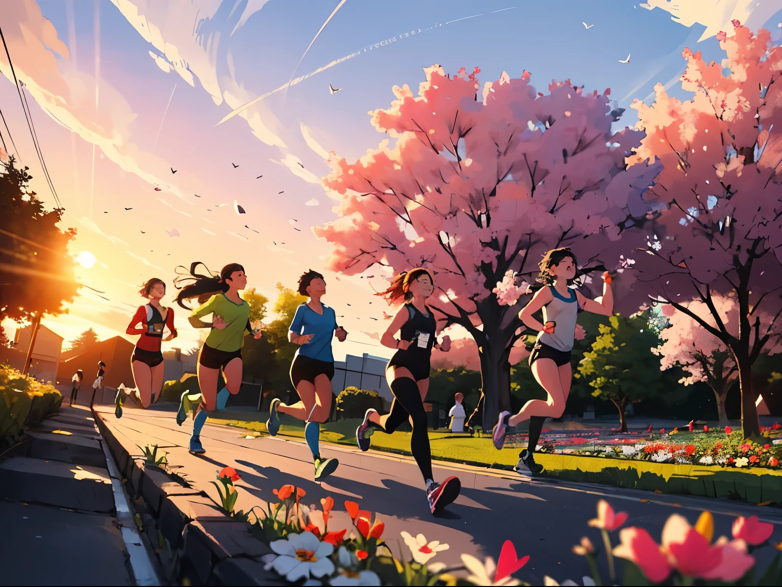 A group of young runners, many with clear smiles on their faces, in good health, exercising in a multi-colored flower garden. It was spring flower season and the sky had a very beautiful sunrise.