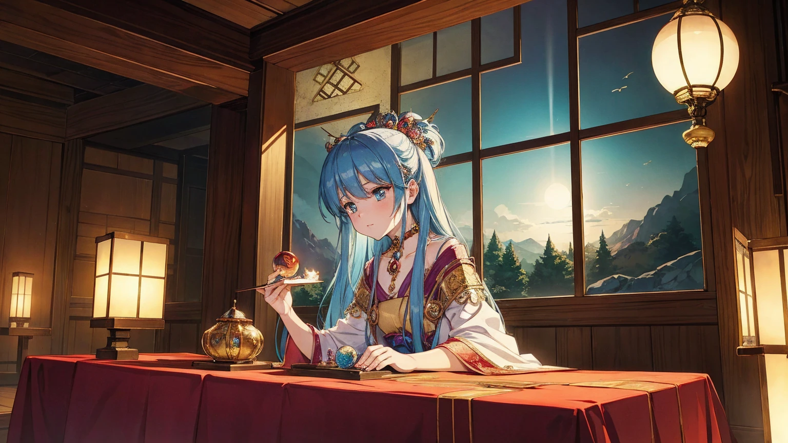 A female fortune teller in a mystical fortune-telling parlor, illustrated in a Japanese anime style. The fortune teller has a mysterious and wise expression, wearing flowing robes adorned with intricate patterns. She is seated at a table with a crystal ball, tarot cards, and other mystical objects. The room is dimly lit, with candles and lanterns casting a warm glow, and shelves filled with ancient books and magical artifacts. The atmosphere is enchanting and mysterious, capturing the essence of a place where secrets are revealed and destinies are foretold. The colors are vivid and the details finely drawn, typical of anime aesthetics.