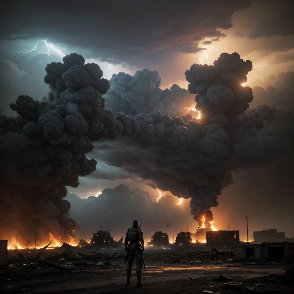 A post-apocalyptic landscape in the style of Gunz The Duel. The scene is one of total destruction, with buildings in ruins and debris scattered across the ground, showing signs of intense battles. Swords and modern firearms lie around, some stuck in the ground, others broken or burned. The atmosphere is dark and dramatic, lit by fires and recent explosions. The sky is covered with dark clouds, with occasional lightning illuminating the scene. The setting should convey a sense of desolation and imminent danger, perfect for the interface of a shooting and sword-fighting game.