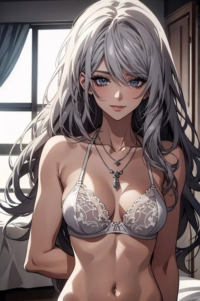 (Highest quality, High resolution, Very detailed), Silver Hair, Long Hair, white lace thong bra, NUDE, Large Breasts, Perfect Makeup, necklace, 24th generation, Beautiful woman, mature, quiet, Calm, A small smile, bed,