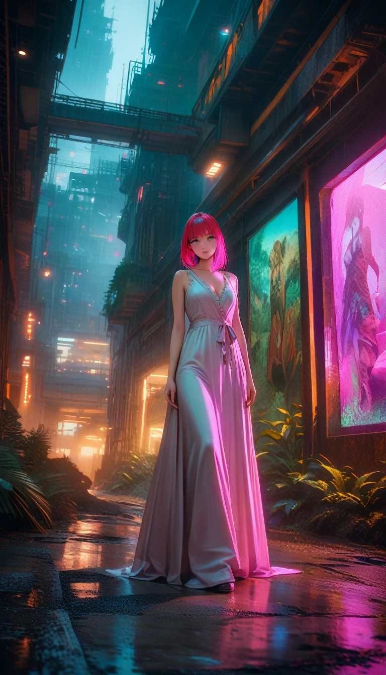 ((best quality)) , ((masterpiece)) , (detailed),Color splash, Ghostly Astronaut (Li Gong:1.3) , wearing Shabby Chic Wrap dress, has metallic plating, Colored hair, Fossil fuel power station in background, architectural photography, Pre-Raphaelite Brotherhood, jungle scenes, animal painting, fantastical elements, Constructivism, RAW photo, sublime, extremely stylish, very coherent, gorgeous, dynamic dramatic atmosphere