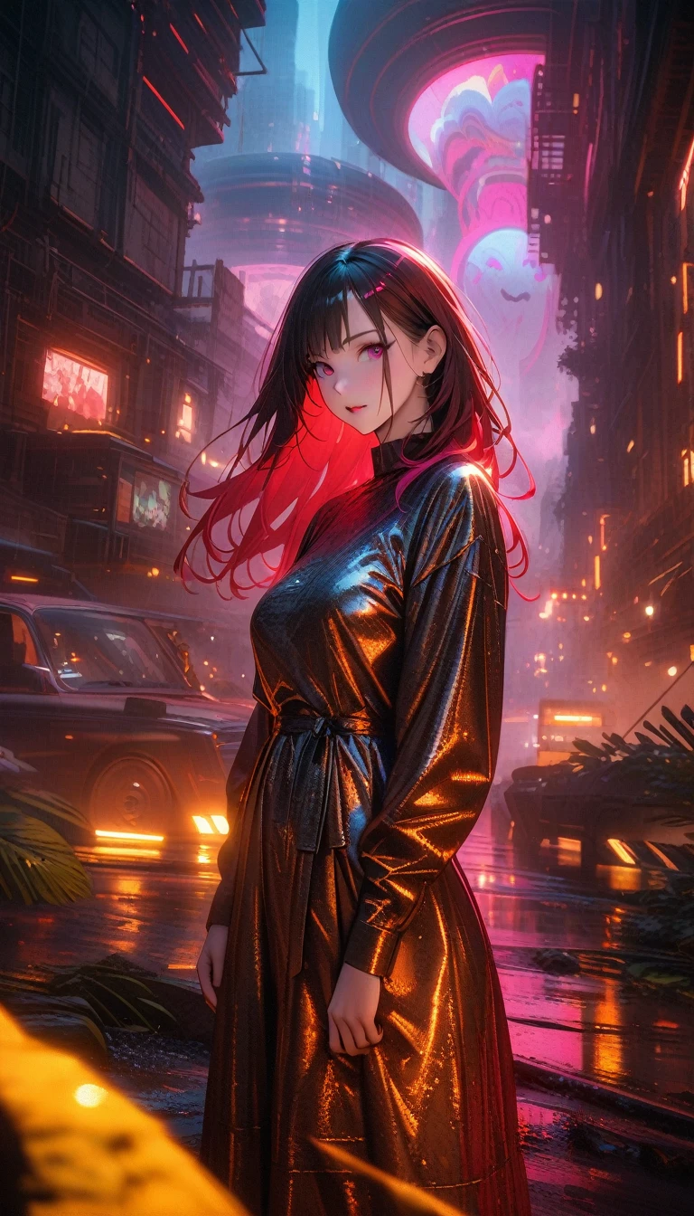 ((best quality)) , ((masterpiece)) , (detailed),Color splash, Ghostly Astronaut (Li Gong:1.3) , wearing Shabby Chic Wrap dress, has metallic plating, Colored hair, Fossil fuel power station in background, architectural photography, Pre-Raphaelite Brotherhood, jungle scenes, animal painting, fantastical elements, Constructivism, RAW photo, sublime, extremely stylish, very coherent, gorgeous, dynamic dramatic atmosphere